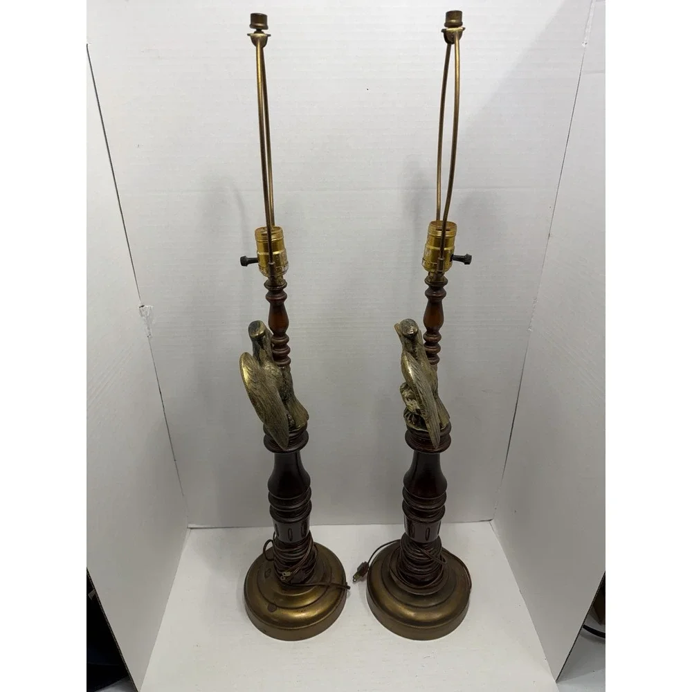Vintage Set Federal Bald Eagle Table Lamps Wood Metal Patriotic 32 In Americana